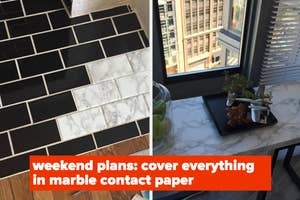 Collage showing a DIY marble contact paper project on surfaces, with caption suggesting a weekend activity