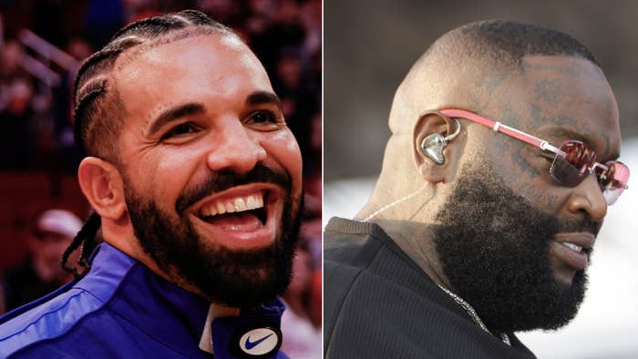 Two men, a smiling Drake on the left and Rick Ross with sunglasses on the right, at a music event