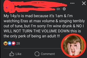 Parent humorously shares relatable social media post about enjoying music late at night