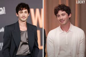 Two side-by-side photos of actor Logan Lerman, one in a black suit and the other in a cream sweater