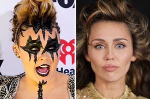 Split image: Left side shows a person with dramatic black eye makeup shaped like bat wings; right side shows the same person with subtle makeup