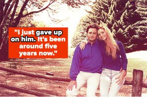 Two people are standing close in a vintage photo, with a quote about giving up on someone after five years