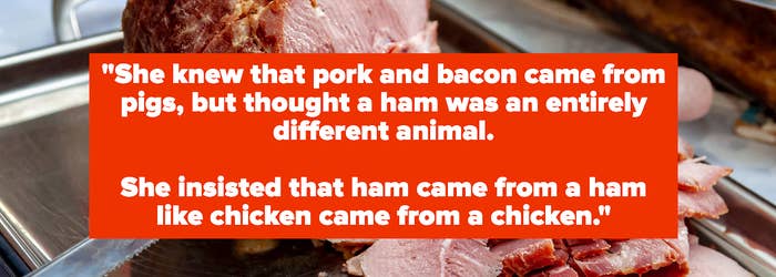Image with text about a misunderstanding that ham comes from a separate animal. A ham is shown sliced beside text