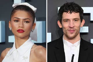 Zendaya in a white dress with a bow in her hair; alongside, a man in a black suit and white shirt