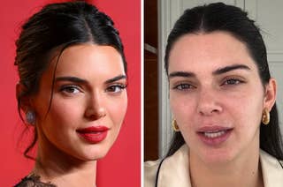Split image: Kendall Jenner in glam makeup and formal attire, and a casual, makeup-free look