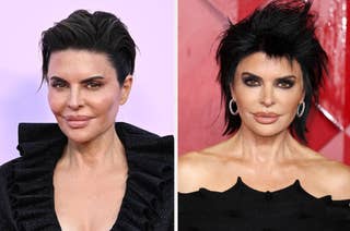 Split image of Kris Jenner, before and after style evolution, sporting black outfits and earrings