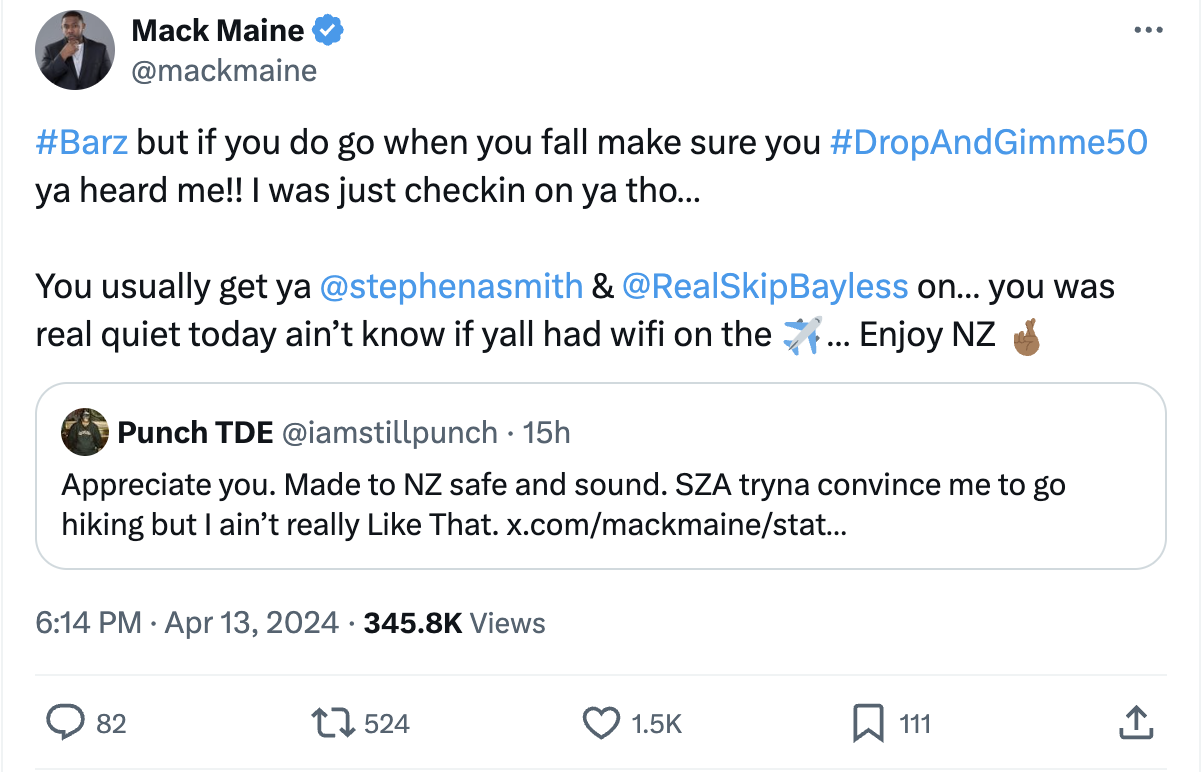Tweet by @MackMaine interacting with @stephenasmith &amp; @RealSkipBayless about their quiet presence, mentioning an invite to New Zealand, and a punchline