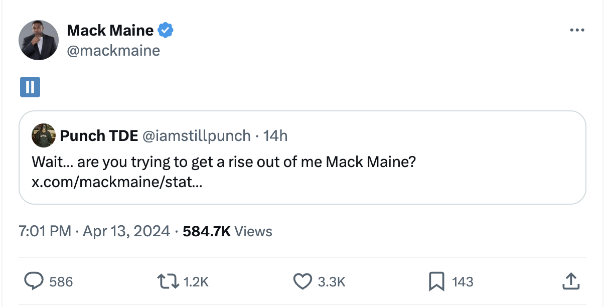 Twitter exchange between Mack Maine and Punch TDE, Punch questioning Mack Maine&#x27;s intentions with a link to a previous tweet