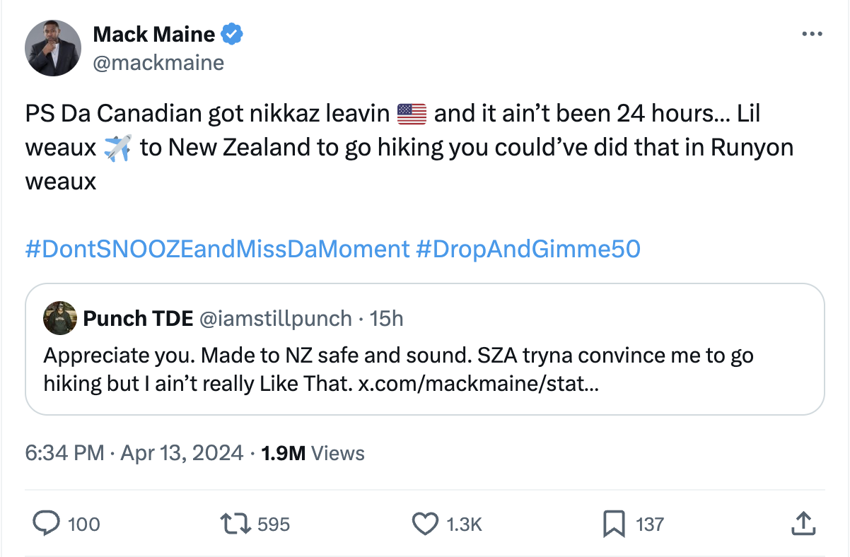 Tweet by Mack Maine discussing someone needing to go to New Zealand to hike and a comedic refusal to hike, with hashtags and a reply