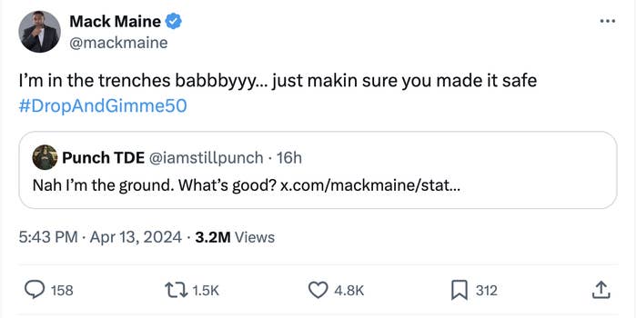 Two tweets between Mack Maine and Punch TDE, engaging in a friendly exchange with a hashtag #DropAndGimme50