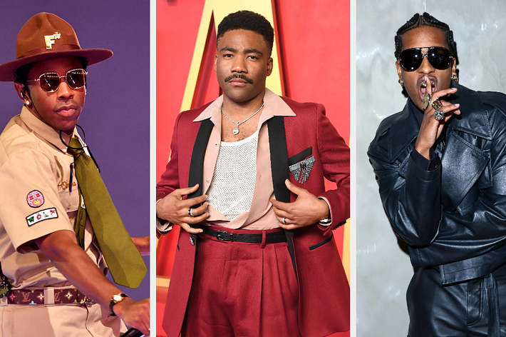Three male artists in distinct outfits: Tyler, The Creator in a scout-inspired ensemble, Donald Glover in a maroon suit with a pink collar shirt, and ASAP Rocky in a black leather jacket and sunglasses