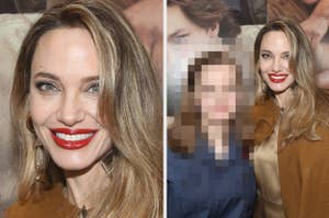 Angelina Jolie smiling vs Angelina Jolie and Vivienne Jolie Pitt pose on the red carpet