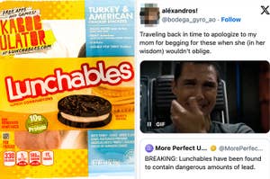 Packaged Lunchables meal with crackers, turkey, cheese, and a cookie; a social media post with a GIF expressing concern