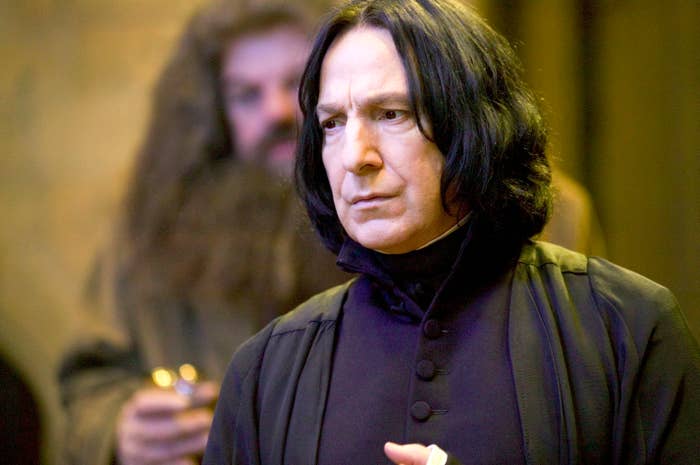 Severus Snape in black robe stands in Hogwarts with Hagrid visible behind