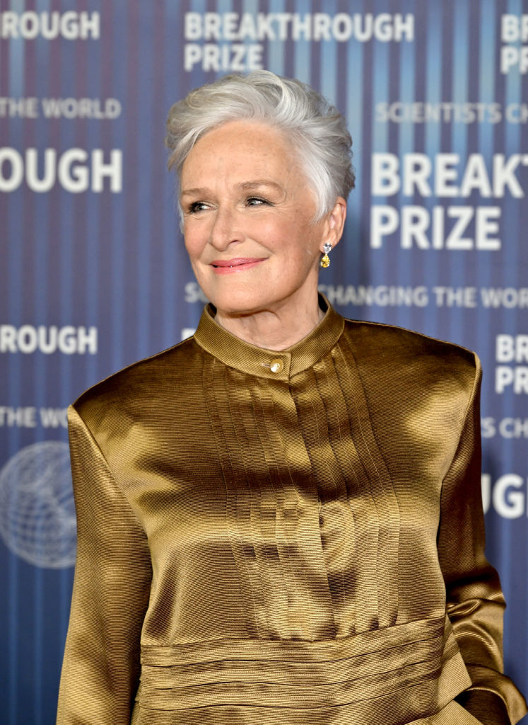 Glenn Close in a gold satin blouse with a mandarin collar at the Breakthrough Prize event