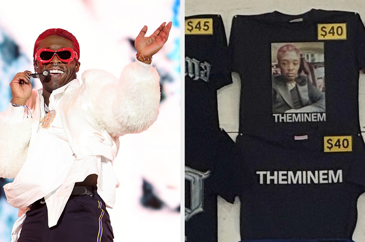 Left: Lil Uzi Vert in a white outfit with fur detail, sunglasses, and a hat. Right: Merchandise booth with themed T-shirts and pricing signs
