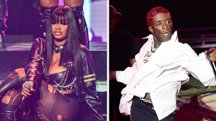 Left: JT in black leather outfit performing. Right: Lil Uzi Vert in white top and pants energetically performing on stage