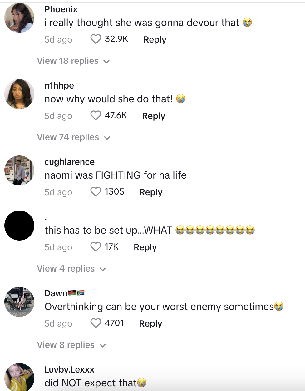 Comments on a social media post, users expressing surprise and humor over an unexpected situation