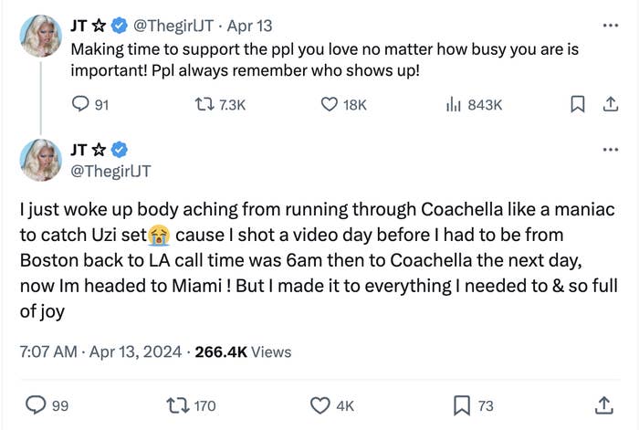 Two tweets displayed; the first is from a user showing support for loving people despite being busy, while the second from JT describes a hectic schedule because of Coachella