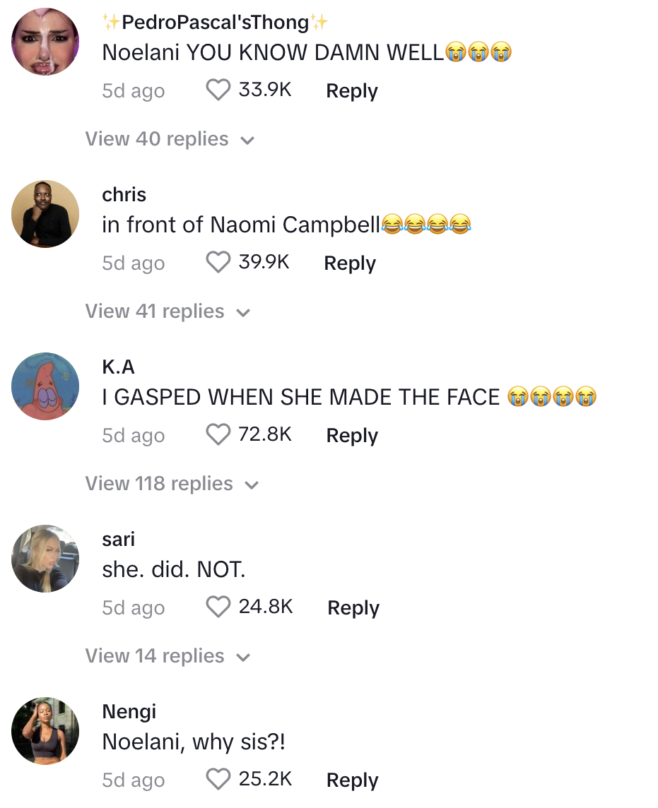 Comments under a post with reactions to Naomi Campbell&#x27;s photo, displaying shock, admiration, and humor