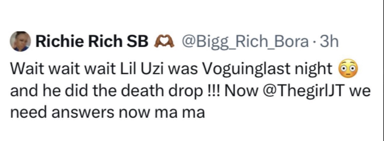 Tweet expressing surprise that Lil Uzi did the death drop dance, calling for answers from @ThegirlJT