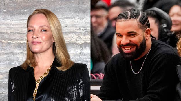Split image with Uma Thurman in a black jacket and Drake wearing a black sweater smiling