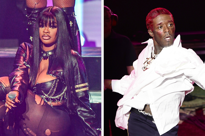 Left: JT in black leather outfit performing. Right: Lil Uzi Vert in white top and pants energetically performing on stage