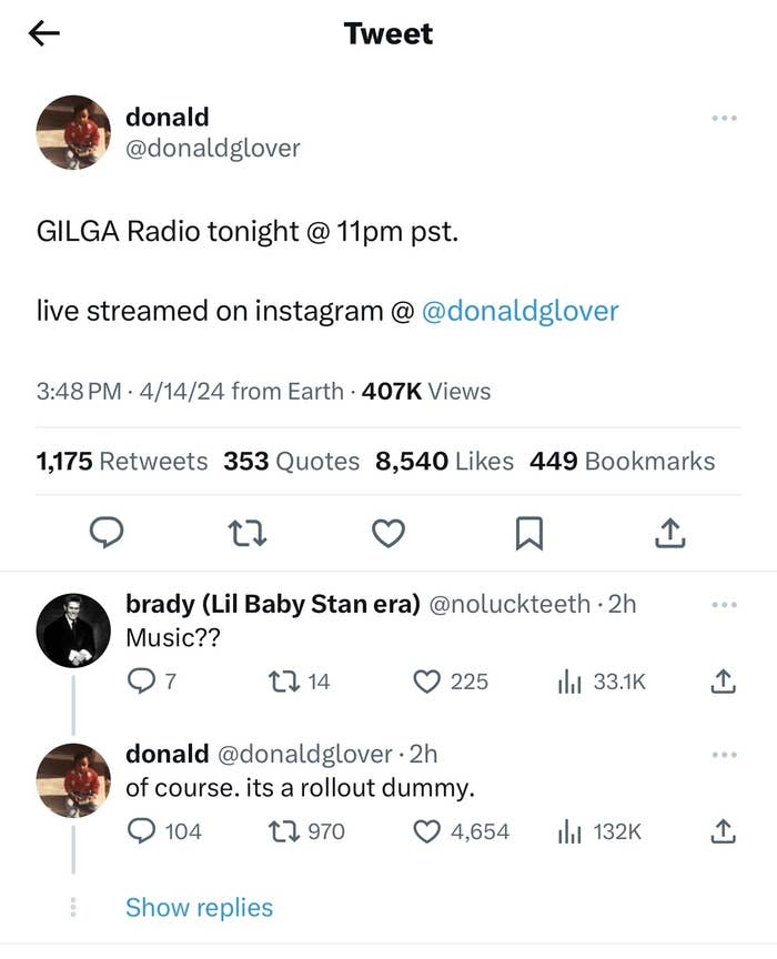 Tweet by @donaldglover announcing &quot;GILGA Radio tonight at 11pm pst.&quot; followed by a fan&#x27;s reply excited about &quot;Music (Lil Baby Era).&quot;