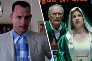 Split screen of Forrest Gump looking puzzled and Breaking Bad's Walter and Jesse in hazmat suits