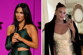 Megan Fox speaking at an event; Adele posing for a mirror selfie wearing an elegant dress with floral detail