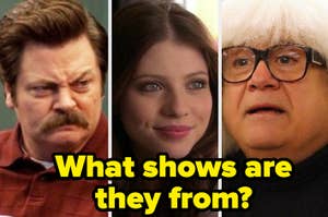 Three TV characters: Ron Swanson, a woman with long hair, and an elderly man with glasses. Text asks what shows they're from