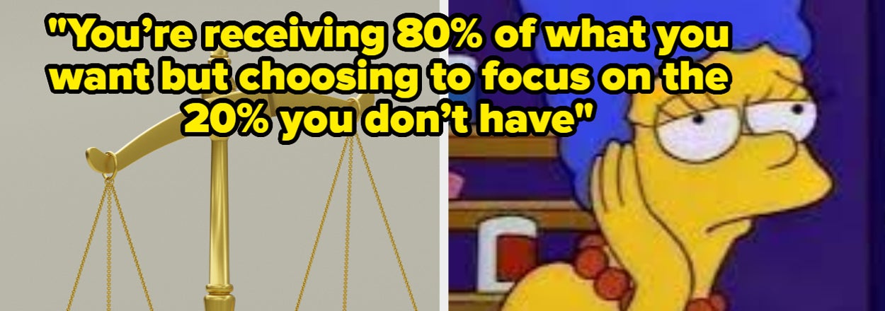 Marge Simpson looks contemplative next to a quote on focusing on what you lack with a balance scale icon