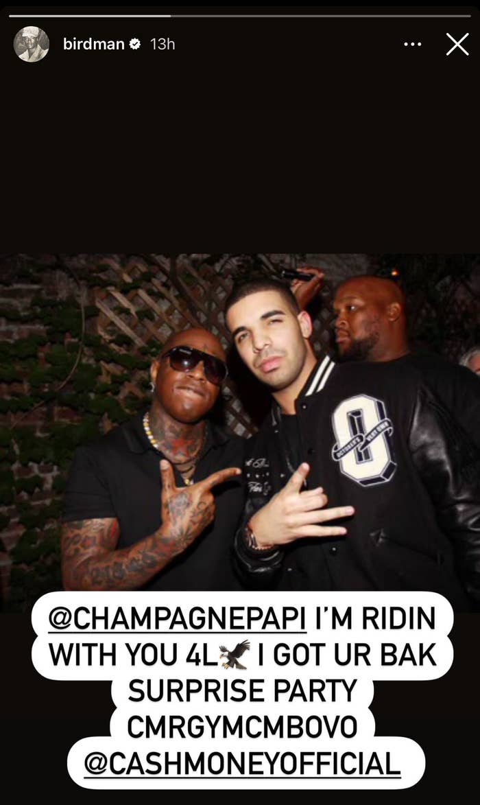 Birdman and Drake posing together with hand gestures, both wearing graphic jackets. Text overlays imply celebration and camaraderie