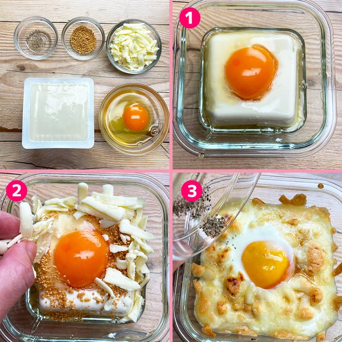 料理の手順を示す画像。生地とトッピングの準備、生地に卵を落とす、チーズを加え、焼き上がり。