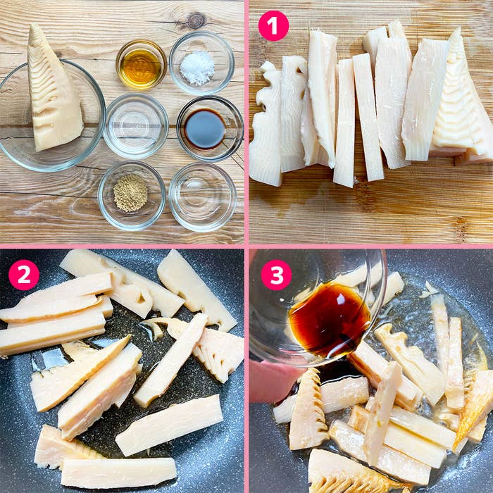 調理方法を示す4枚の写真、たけのこの調理前と調味料、調理後のたけのこに調味料をかける様子。