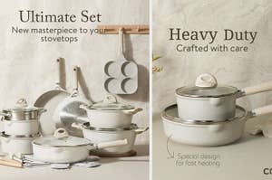 Cookware set advertised as "Ultimate Set" and "Heavy Duty" with descriptors highlighting design and care