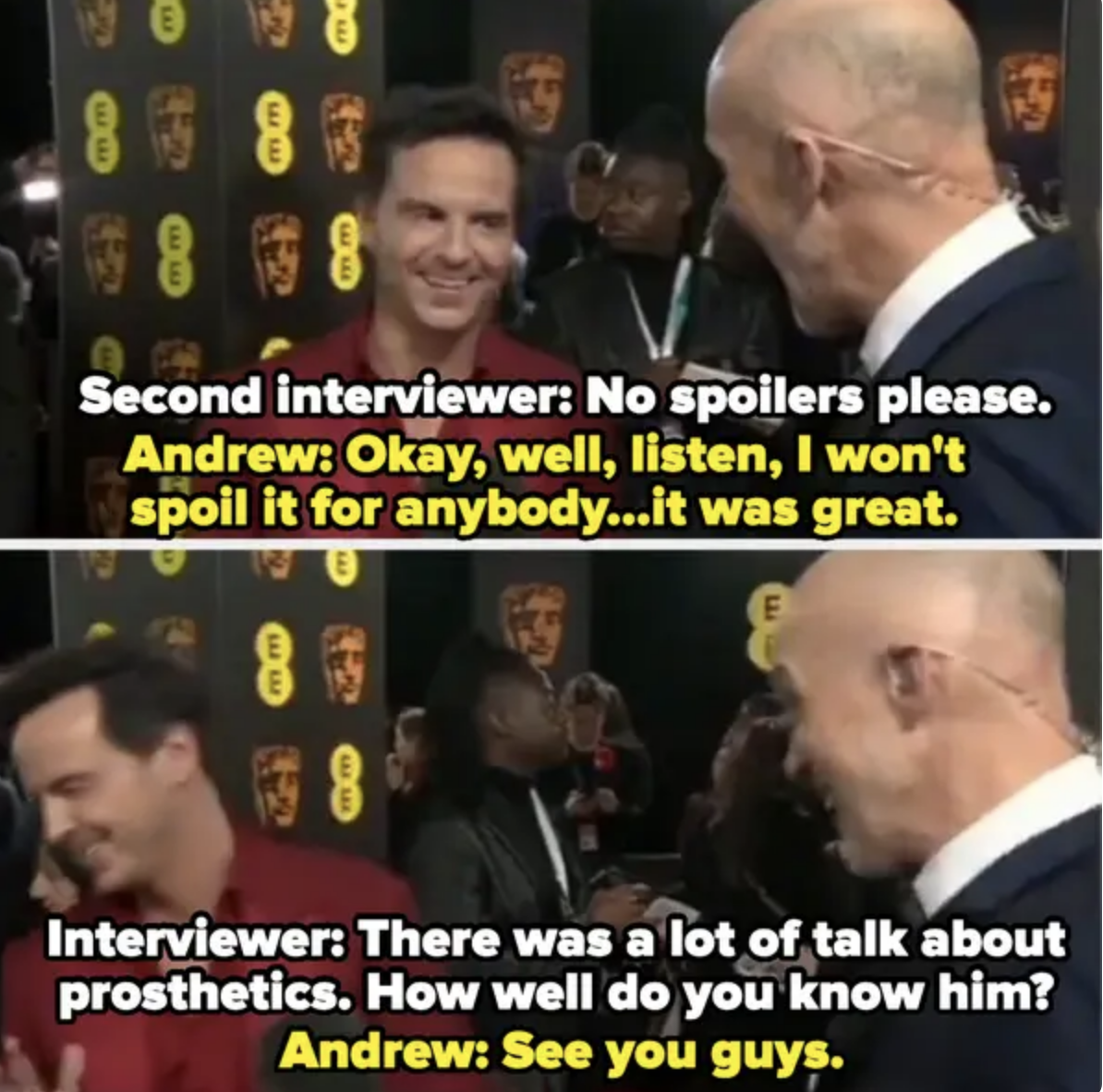 The interviewer asks Andrew if Barry wore a prosthetic for the scene, and Andrew says &quot;see you guys&quot;