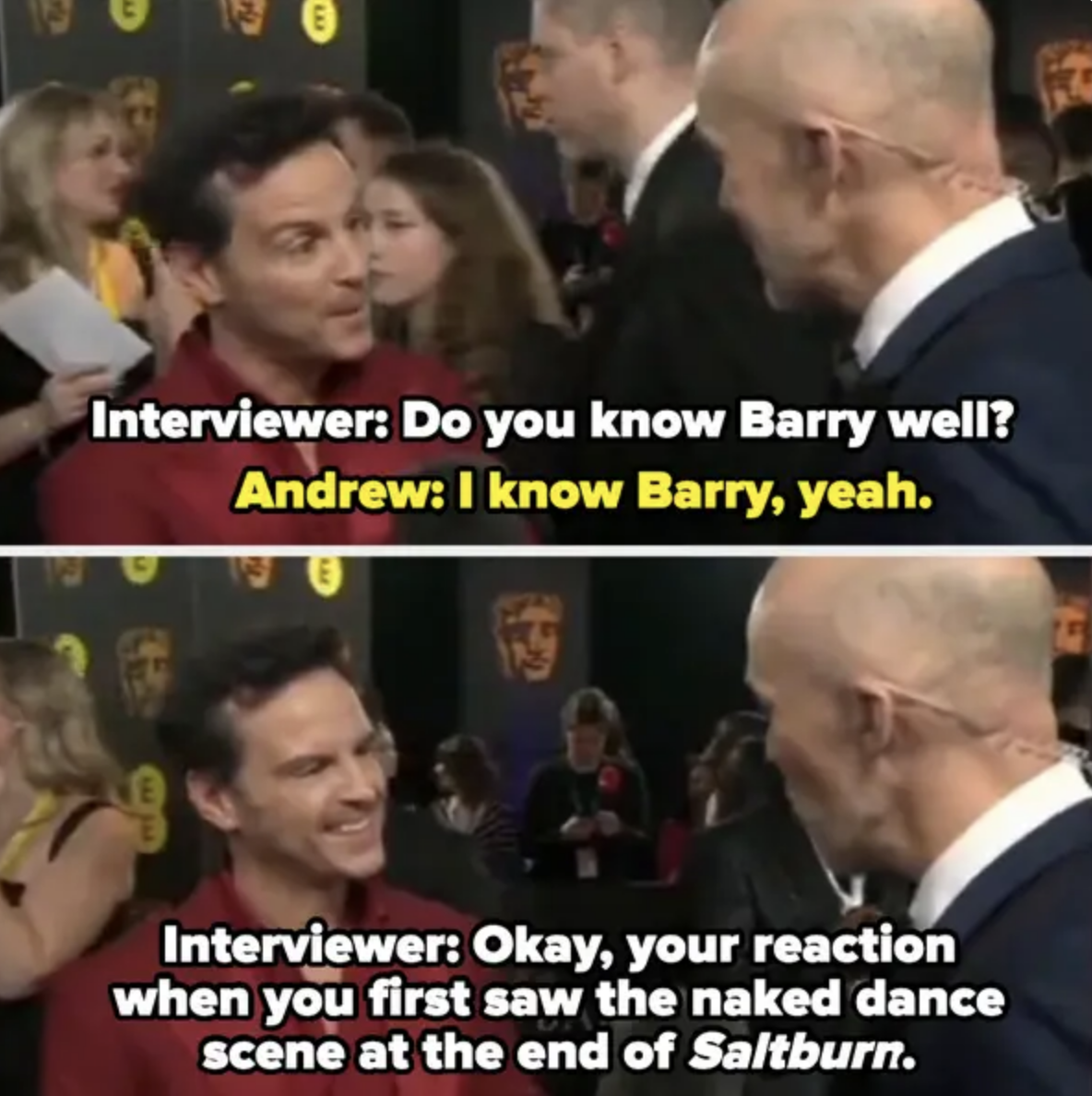 an interviewer asked Andrew for his reaction to Barry Keoghan&#x27;s naked dance scene at the end of Saltburn