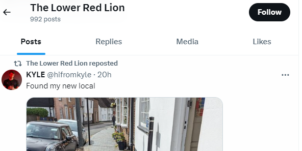 A Twitter repost from The Lower Red Lion shows a user sharing a photo captioned &quot;Found my new local&quot; featuring a street view with a car and buildings