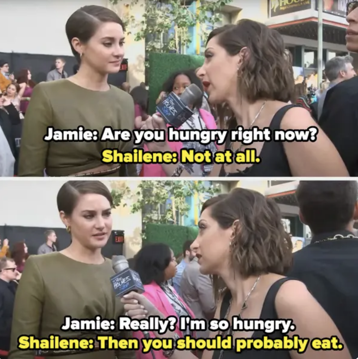 the interviewer insists Shailene must be hungry like she is, the actor says, &quot;you should probably eat&quot;