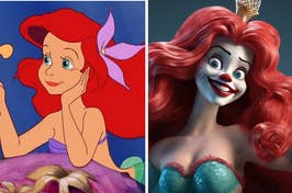 Side-by-side images of Ariel from Disney's 'The Little Mermaid,' one classic animation and one stylized modern version with clown makeup