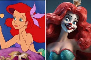 Side-by-side images of Ariel from Disney's 'The Little Mermaid,' one classic animation and one stylized modern version with clown makeup