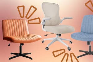orange office chair, white office chair, and blue office chair