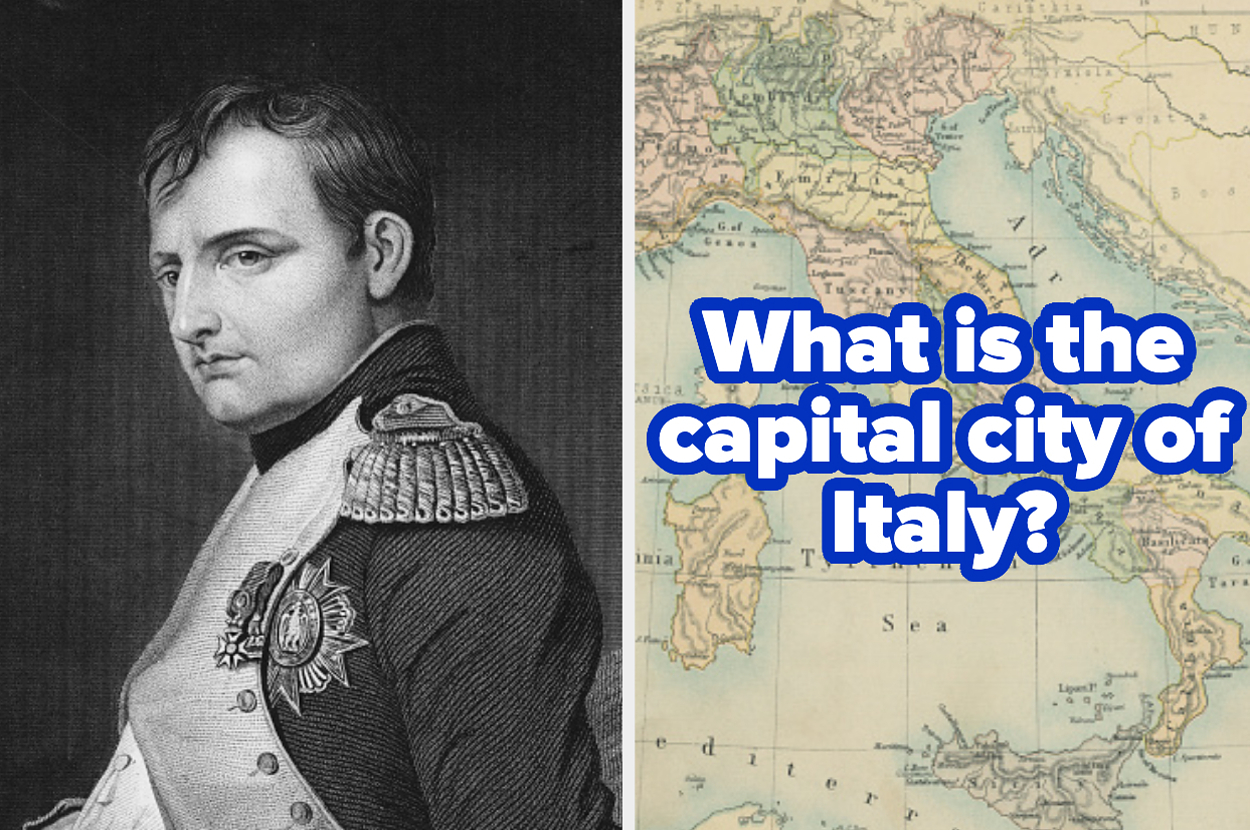 Historical portrait of Napoleon and a text overlay on a map asking "What is the capital city of Italy?"