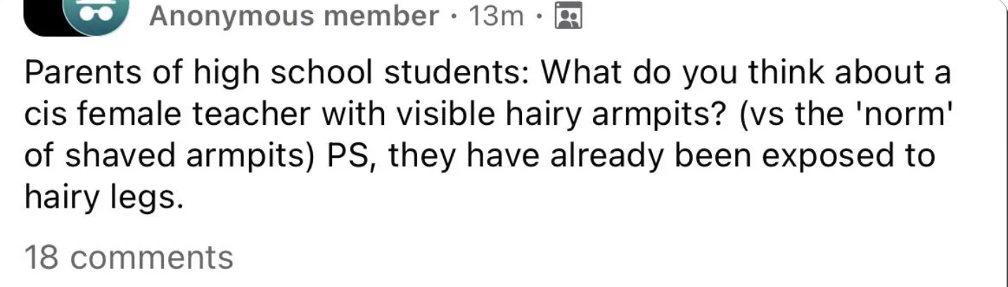 Question on parent forum about opinions on a female teacher with visible hairy armpits compared to shaving