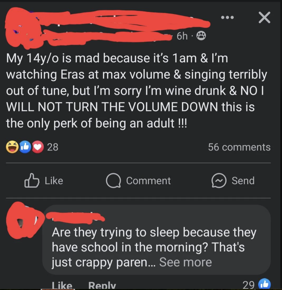 parent posting about singing loudly and keeping their teen up late
