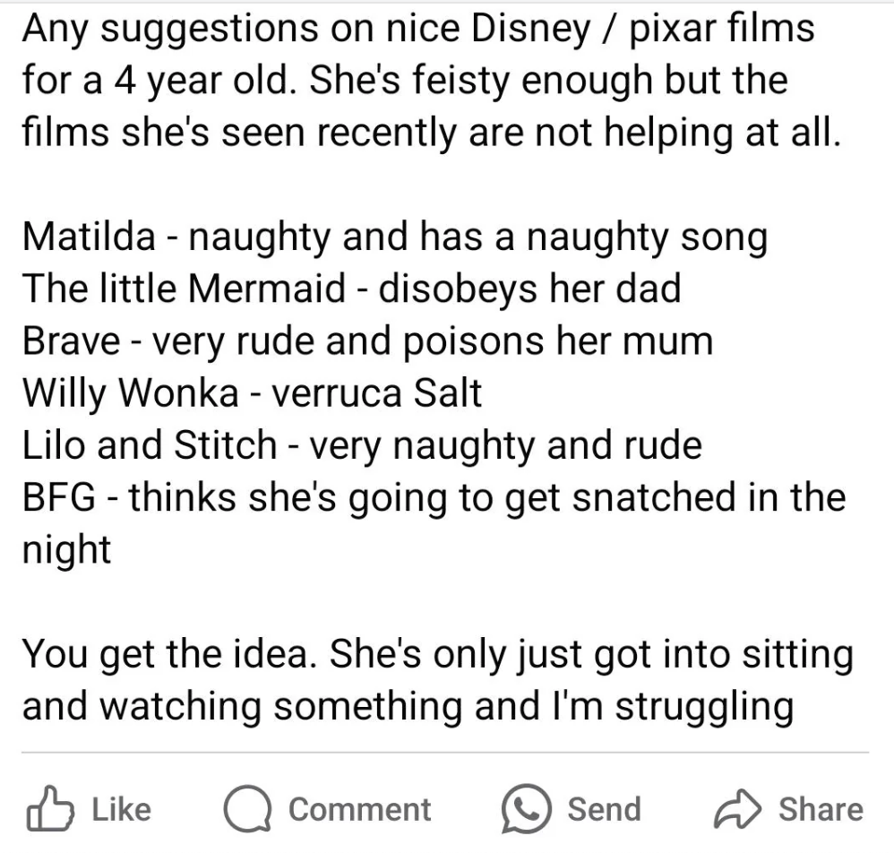 Social media post asking for Disney/Pixar film suggestions suitable for a 4-year-old, avoiding naughty or scary themes