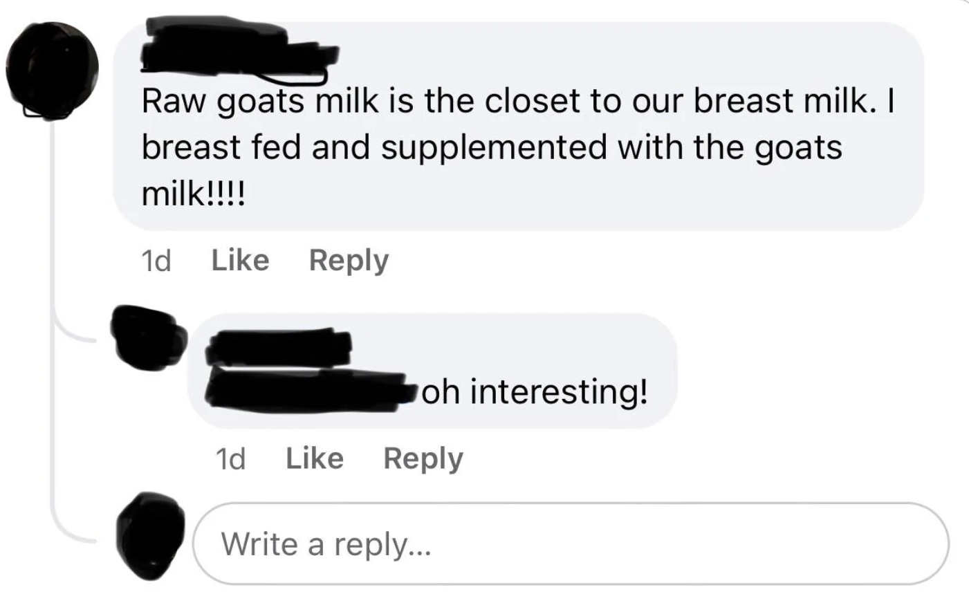 A social media screenshot of a conversation about using goat&#x27;s milk as a breast milk supplement