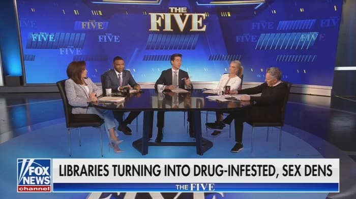 Five panelists at a desk on the set of &quot;The Five&quot; with a headline about libraries below them