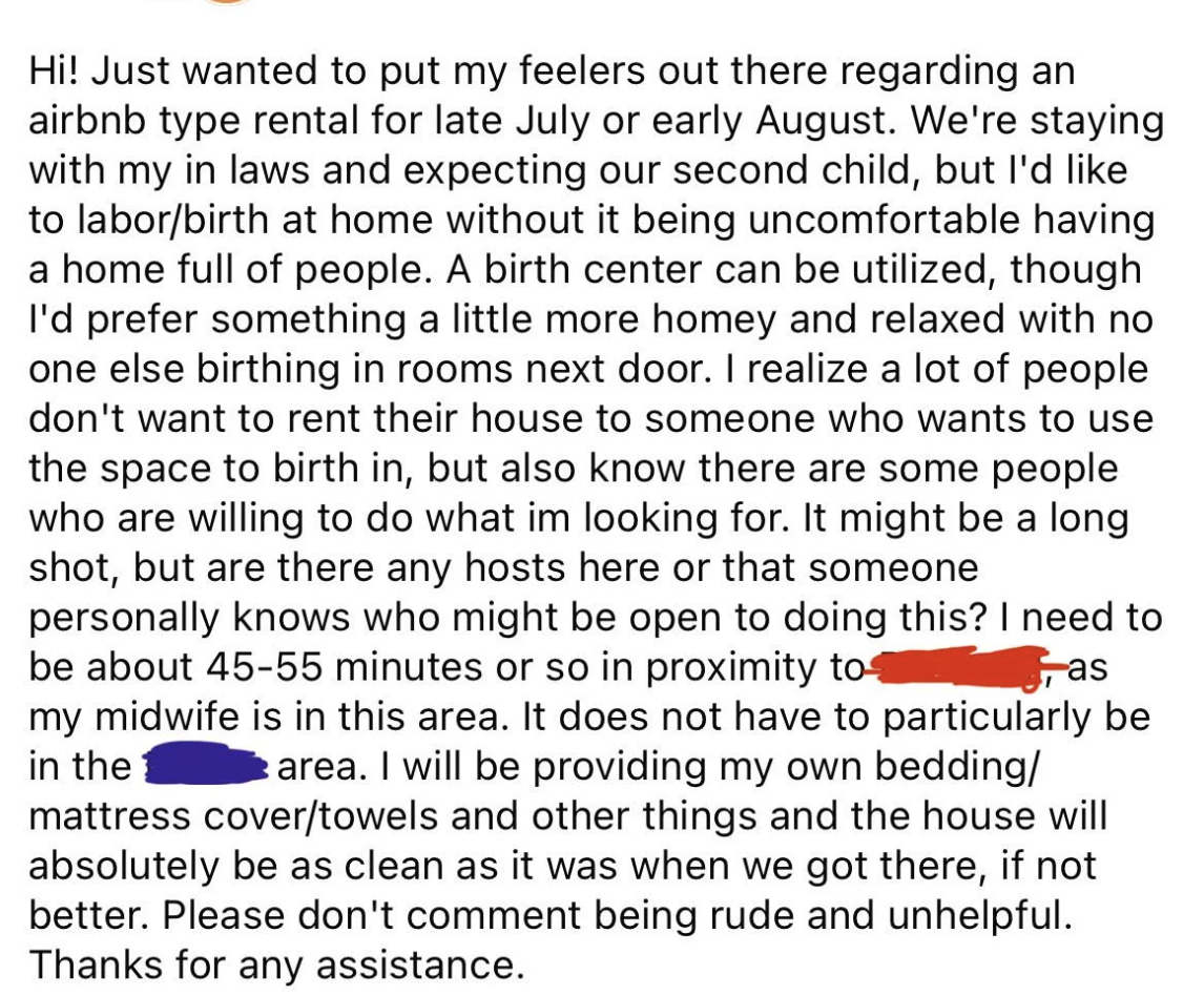 The image shows a screenshot of a text post seeking advice on home/birth options in rental homes and expressing concerns for a comfortable birth experience